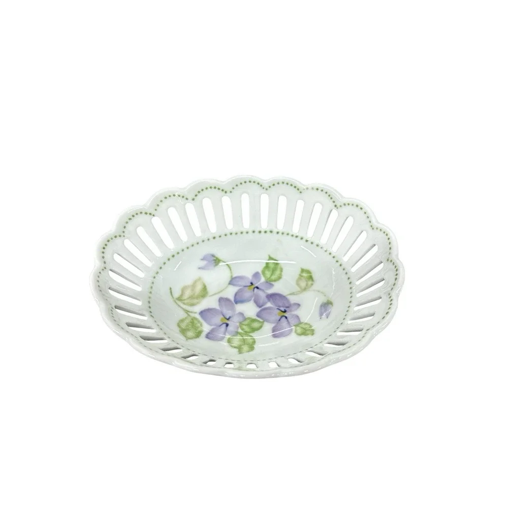 Vintage Andrea by Sadek Oval Reticulated Trinket Dish‎ Purple Floral Porcelain
